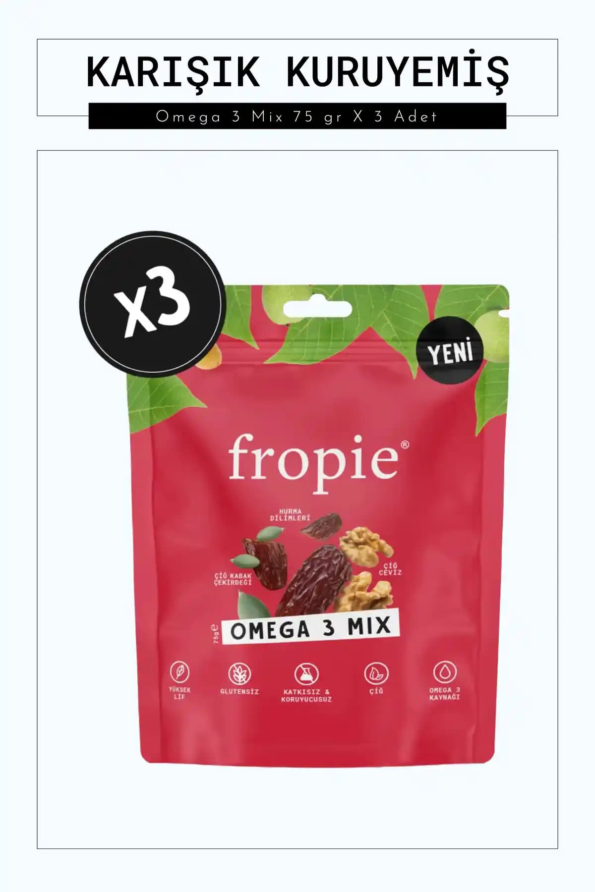 FROPİE Karışık Kuruye Omega 3 Mix 75 gr x3 - Beyin ve Kalp Sağlığını Destekleyen Doğal Atıştırmalık