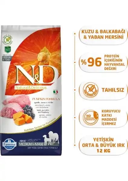 N&D Pumpkin Tahılsız Kuzu Etli ve Yaban Mersinli Orta-Büyük Irk Yetişkin Köpek Maması 12 Kg