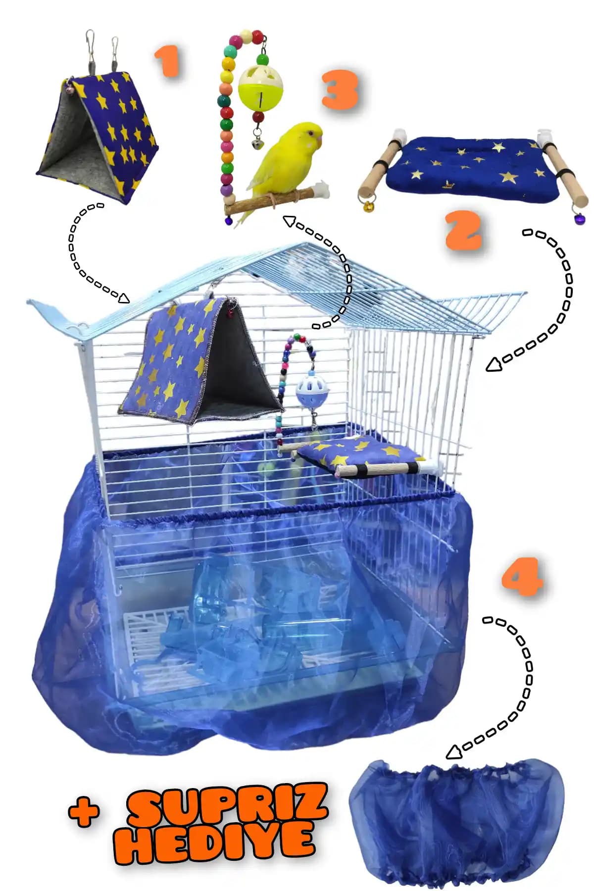 ozzipetshop Muhabbet Kuşu Oyuncaklar ve Tül Takım Seti 4 Parça ile Kuş Konforu