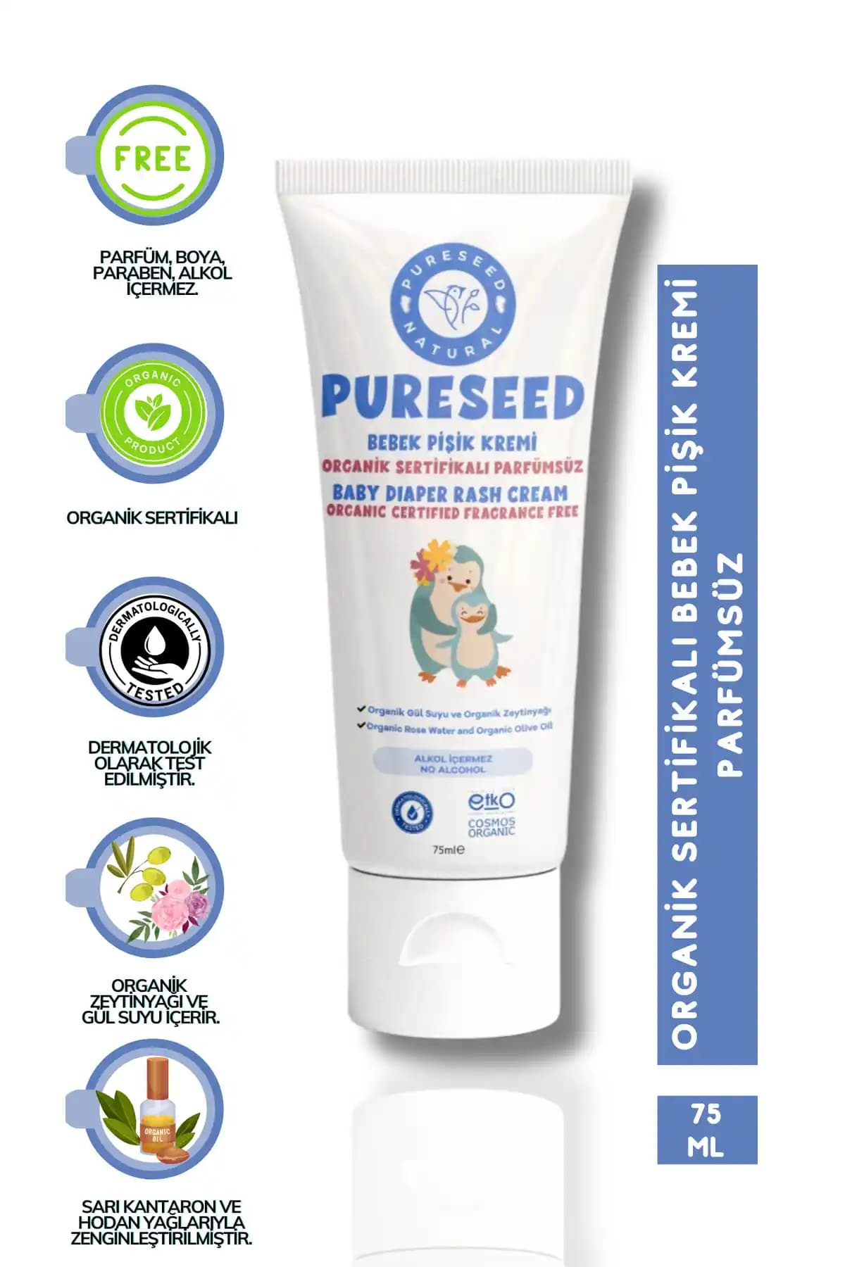 PURESEED NATURAL Organik Sertifikalı Parfümsüz Bebek Pişik Kremi 75 ml
