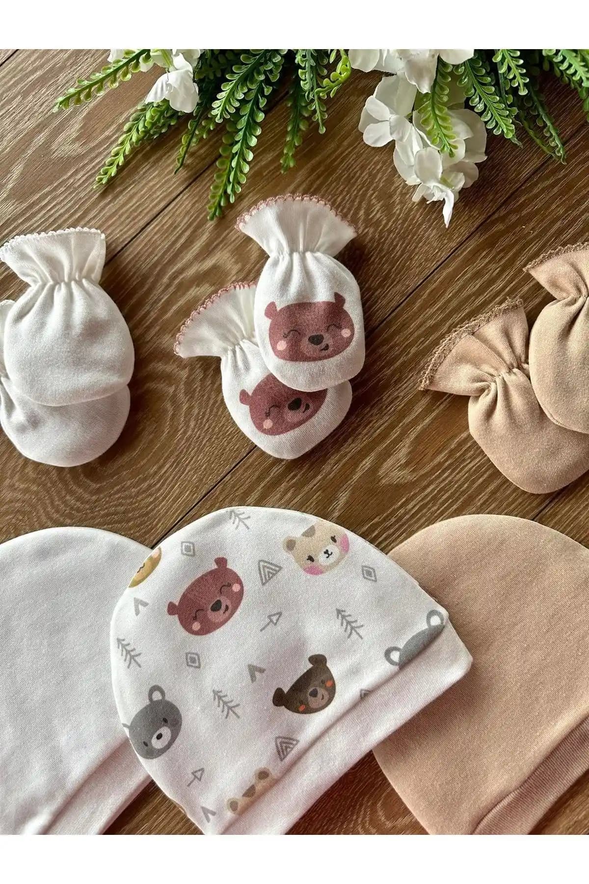 Renkli Puset Organik 6'lı Yenidoğan Bebek Eldiven Şapka Takımı Ayılar - Konfor ve Sağlık