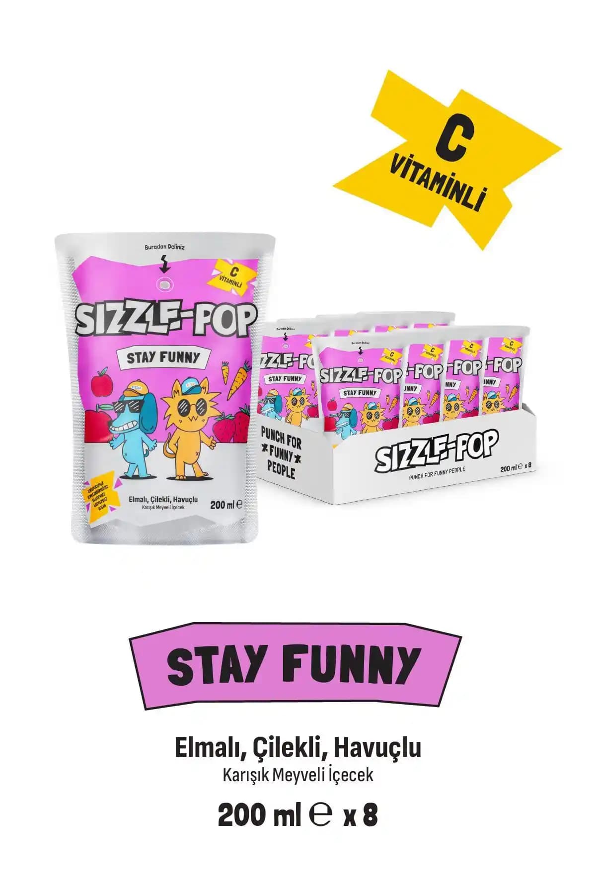 SIZZLE-POP Stay Funny Havuç Kırmızı Elma Çilek Meyve Suyu 200 ml x 8 Adet - Doğal ve Pratik