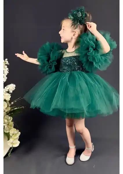 Abiye Kids Yeşil Pullu Kol Detaylı Çocuk Abiyesi Şıklık ve Rahatlık Sunar