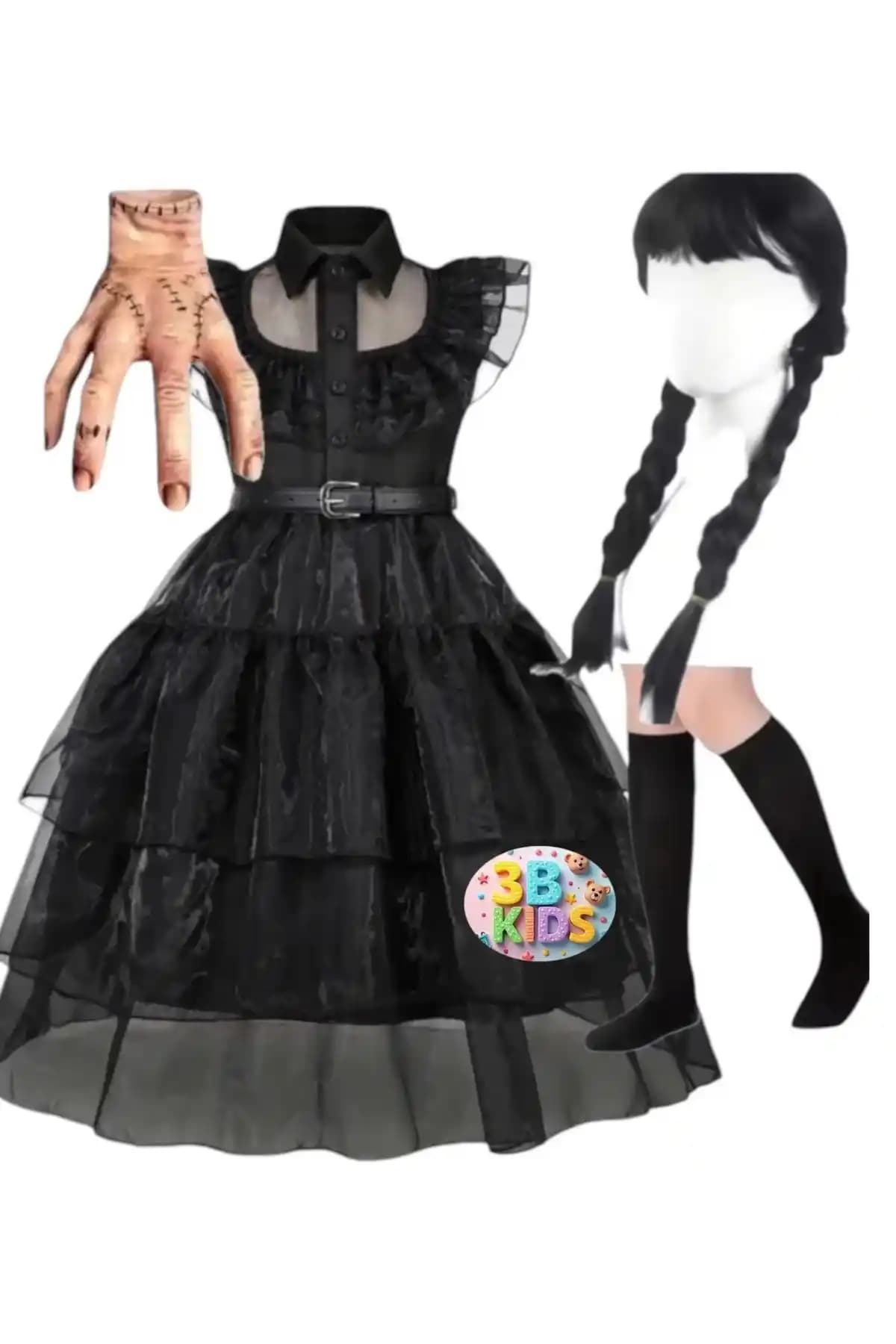 Batalli Wednesday Çocuk Kostüm Elbisesi: Gerçekçi ve Eğlenceli Tasarım