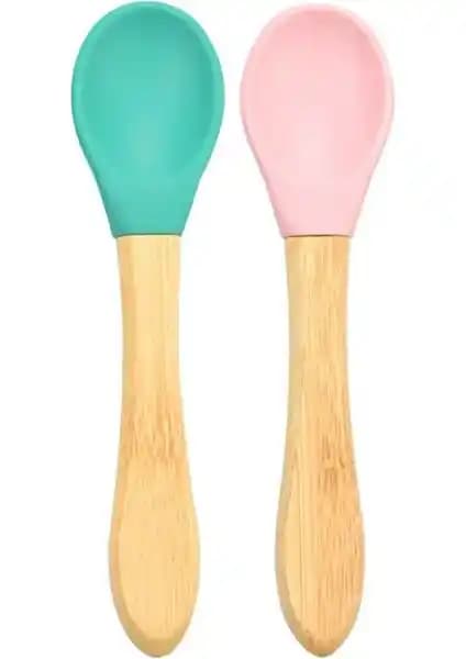 Bebekler İçin Sağlıklı ve Şık Bambu Saplı Silikon Kaşık Seti 2'li