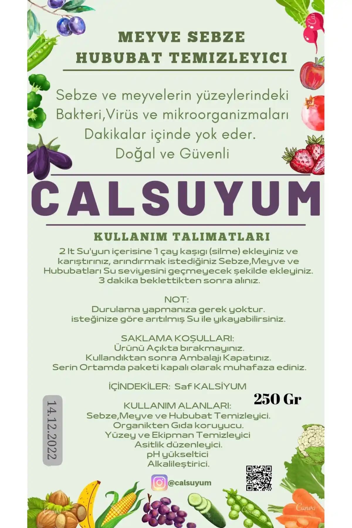 Calsuyum 250g Pestisit Temizleme Maddesi ile Gıda Hijyeninizi Güvence Altına Alın