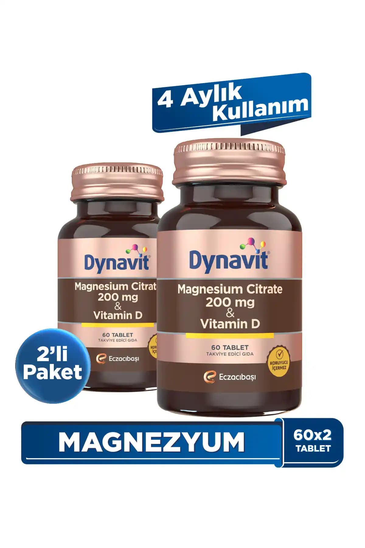 Dynavit Magnesium Citrate 200 mg ve D Vitamini ile Kemik ve Kas Sağlığını Destekleyen Takviye Ürünü