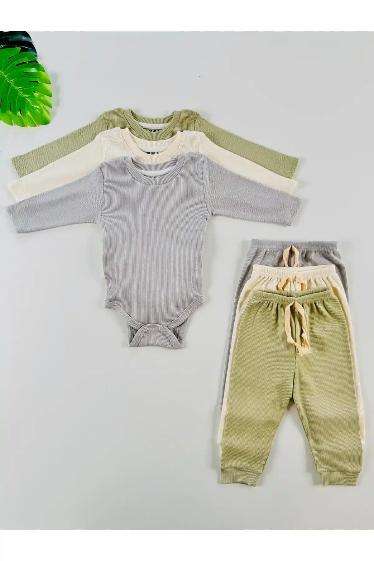 EFU BABY 3'lü Organik Pamuklu Bebek Takımı Unisex Uzun Kol Pantolon Seti