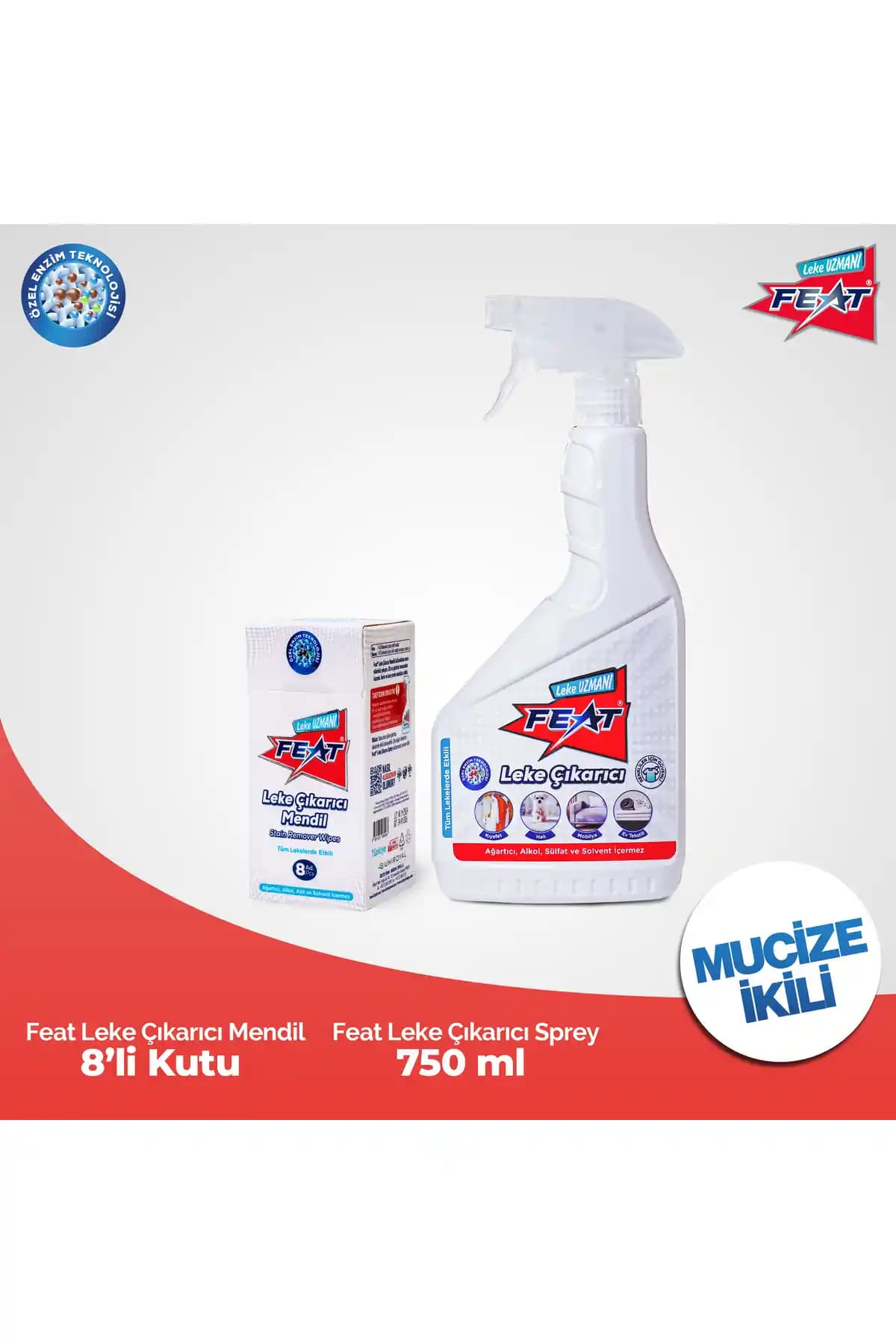 FeaT Mucize İkili Leke Çıkarıcı Sprey ve Mendil Seti ile Pratik Temizlik Çözümü