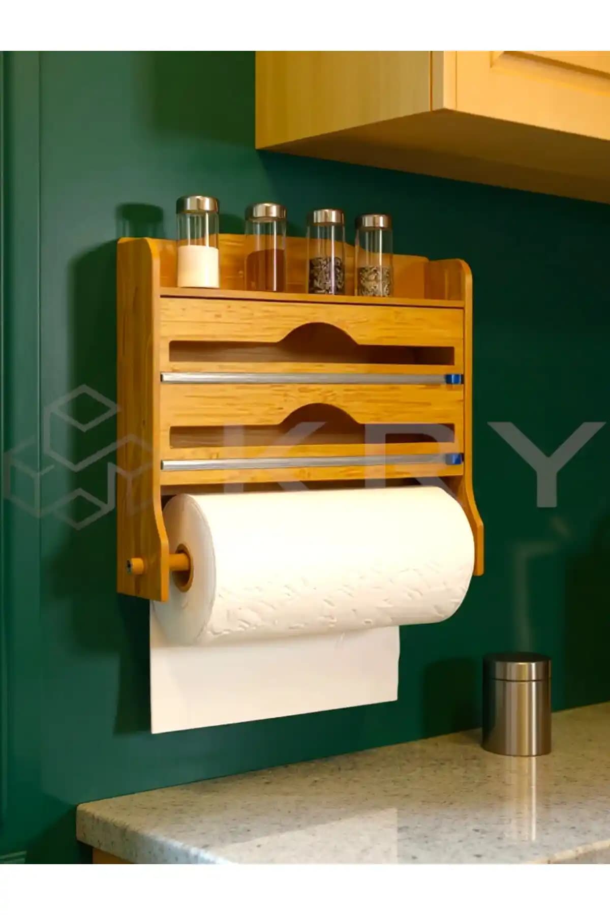 KRY Bambu Raflı Streç Folyo ve Kağıt Havlu Askılığı ile Mutfak Düzeninizi Yenileyin