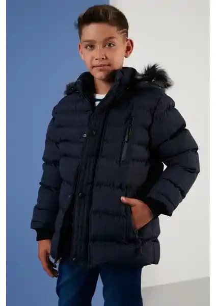 Lela Erkek Çocuklar İçin Peluş Astarlı Çıkarılabilir Kapüşonlu Kışlık Mont