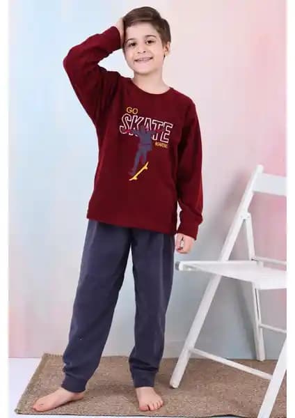 Mutlu City Erkek Çocuk Skate Desenli Polar Pijama Takımı 2024 Sonbahar/Kış Koleksiyonu