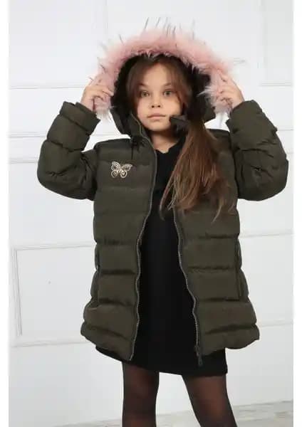 Passion Haki Kız Çocuk Kelebek Desenli Peluşlu Kapüşonlu Şişme Kabanı Türkiye Üretimi