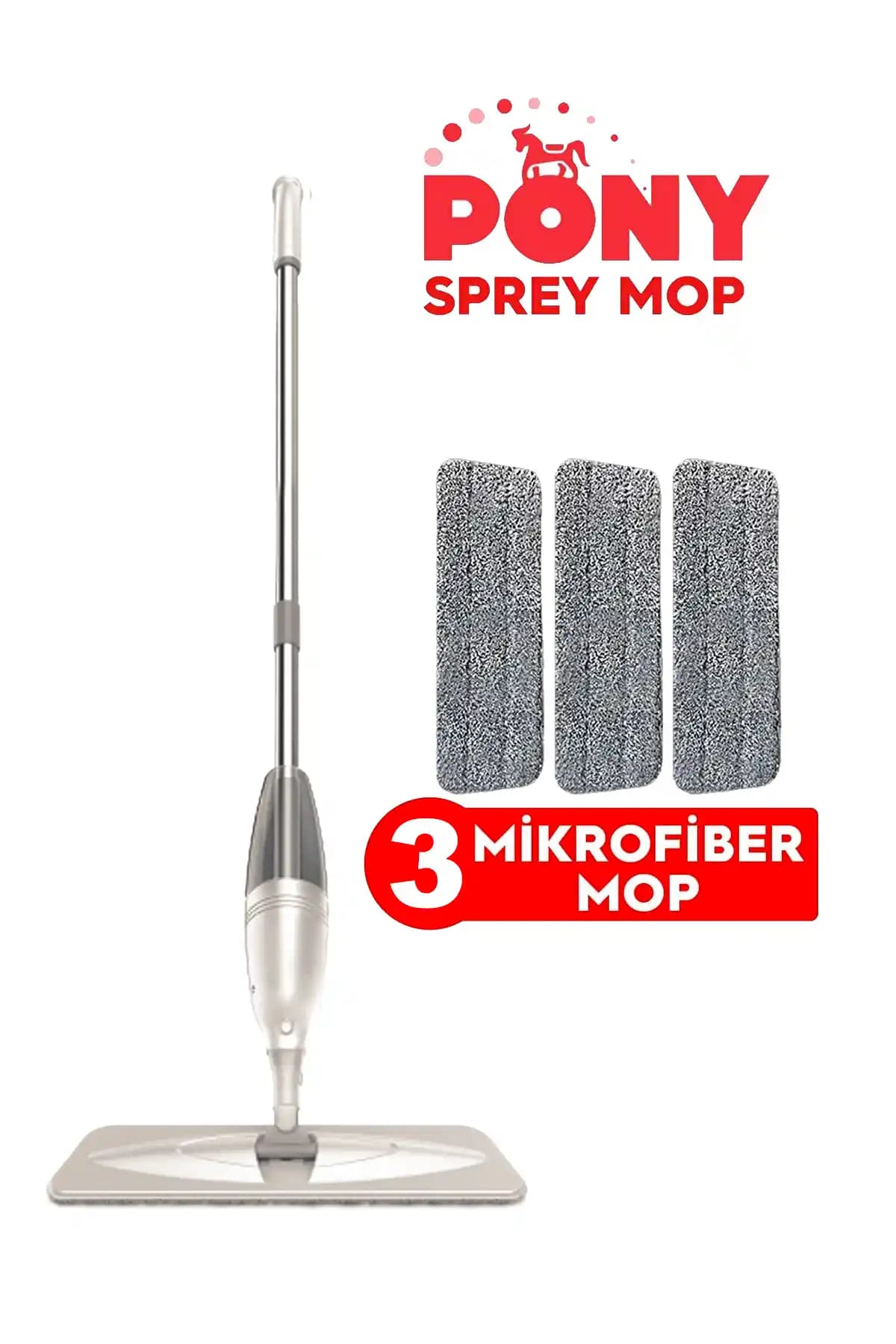 Pony Sprey Mop 3'lü Mikrofiber Temizlik Seti Ev ve Ofis Temizliği İçin Pratik Çözüm