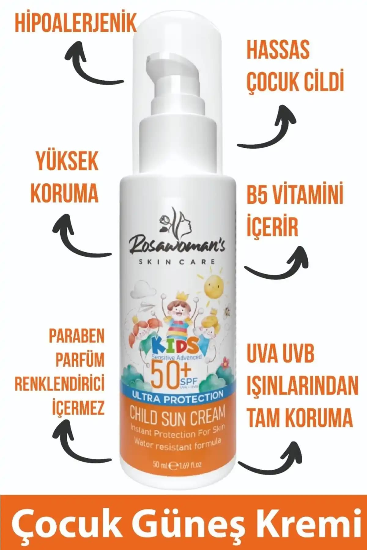 Rosawomans Çocuk Güneş Kremi 50ml yüksek koruma ve hassas ciltler için ideal güneş koruyucu