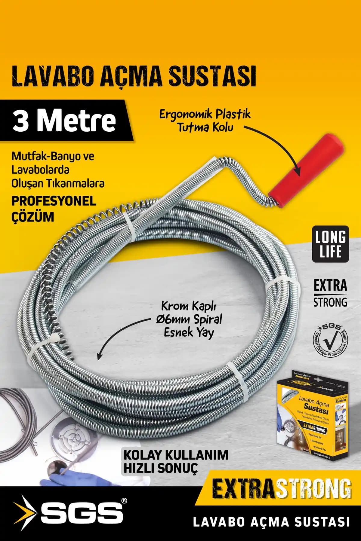 Sgs Lavabo Açma Sustası 3 Metre Pratik ve Güçlü Kimyasal Olmayan Temizlik Çözümü