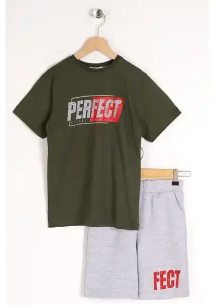 Zepkids Erkek Çocuk Haki Gri Kısa Kollu Baskılı Kaprili Takım Günlük ve Spor Kullanımına Uygun