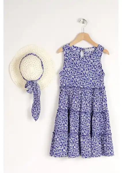Zepkids Kız Çocuk Renkli Çiçek Desenli Midi Elbise ve Şapka Aksesuarı