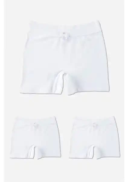 Baykar Kız Çocuk Pamuklu Likralı Düz Boxer Şort 3'lü Paket Beyaz