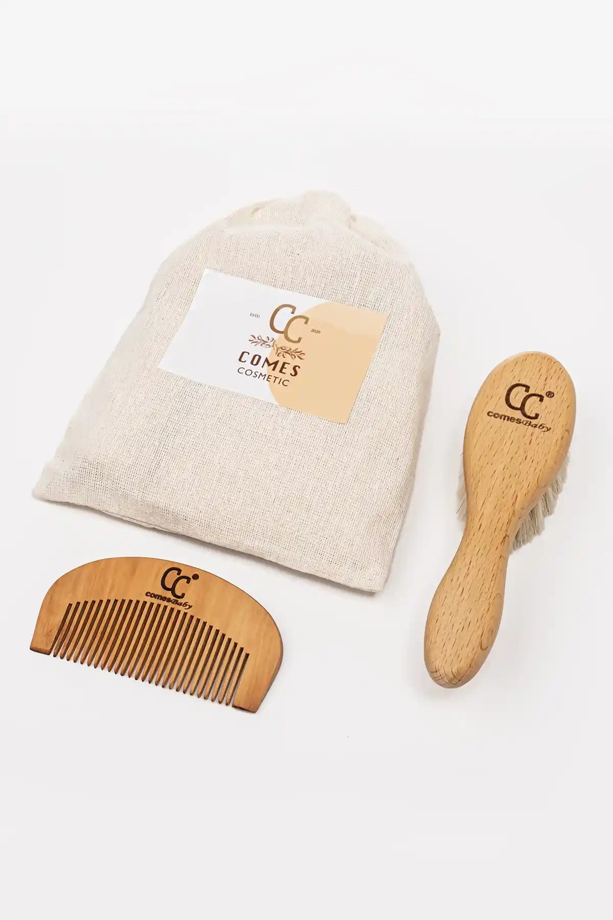 ComesBaby 2'li Doğal Bebek Bakım Seti Keçi Kılı Fırça ve Mini Oval Tarak