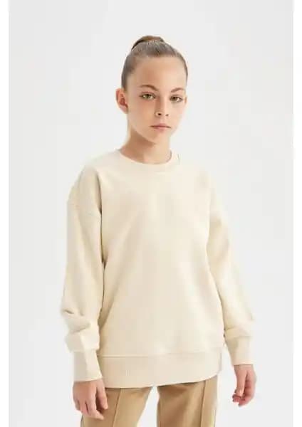 DeFacto Kız Çocuk Relax Fit Bisiklet Yaka Pamuklu Basic Sweatshirt 75-90 Karakter