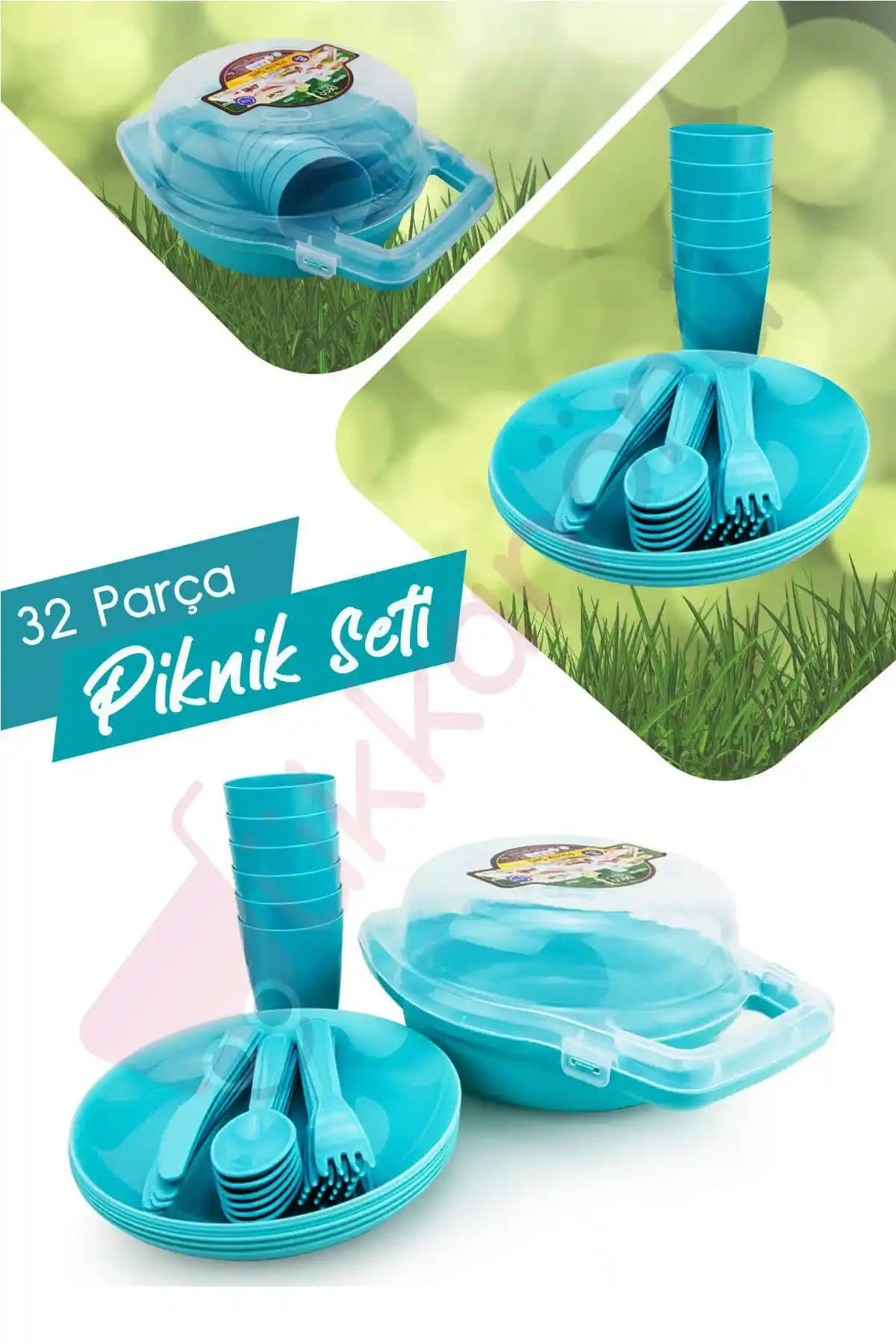 Dükkanönü 32 Parça Kilitli Taşınabilir Piknik Seti 6 Kişilik Turkuaz Renkli