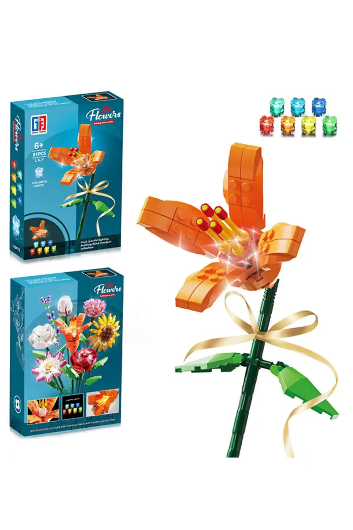 Gokidy Renkli Işıklı Blok Çiçek Zambak Dekoratif Seti Modern Ev ve Hobi Kullanımı