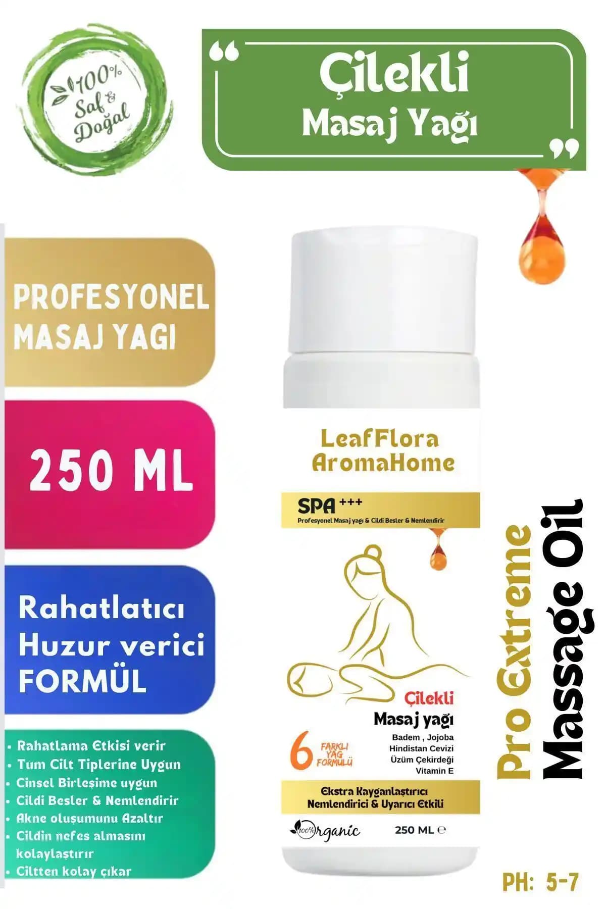 LeafFlora AromaHome Çilekli Masaj Yağı: Doğal İçerikli Rahatlatıcı ve Romantik Aromalı 250 ml