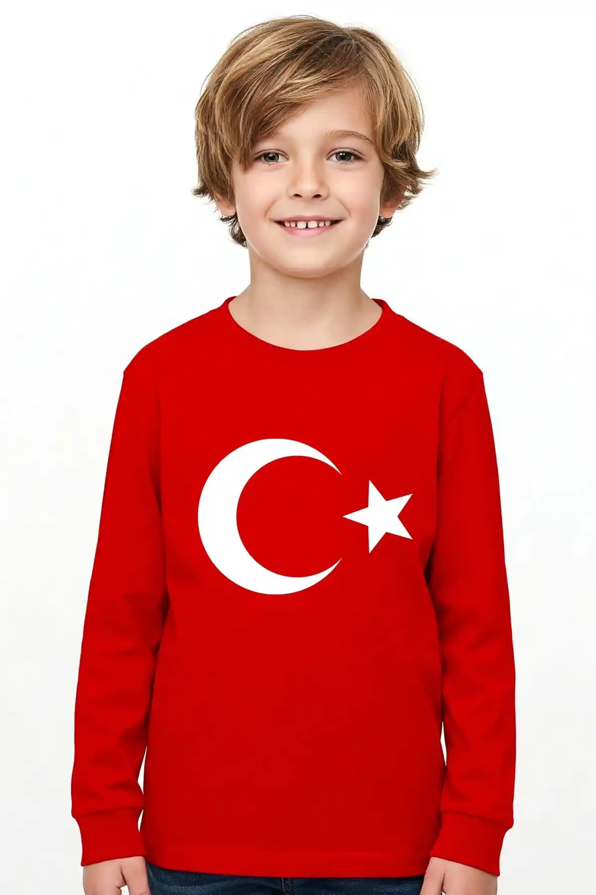 Lovexi Türk Bayrağı Ay Yılz Baskılı Kırmızı Uzunkol Çocuk Tişörtü Güçlü ve Rahat Tasarım