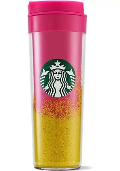 Starbucks Sarı Kum Tasarımlı Pembe Plastik Termos 473 ml şık ve hafif tasarım