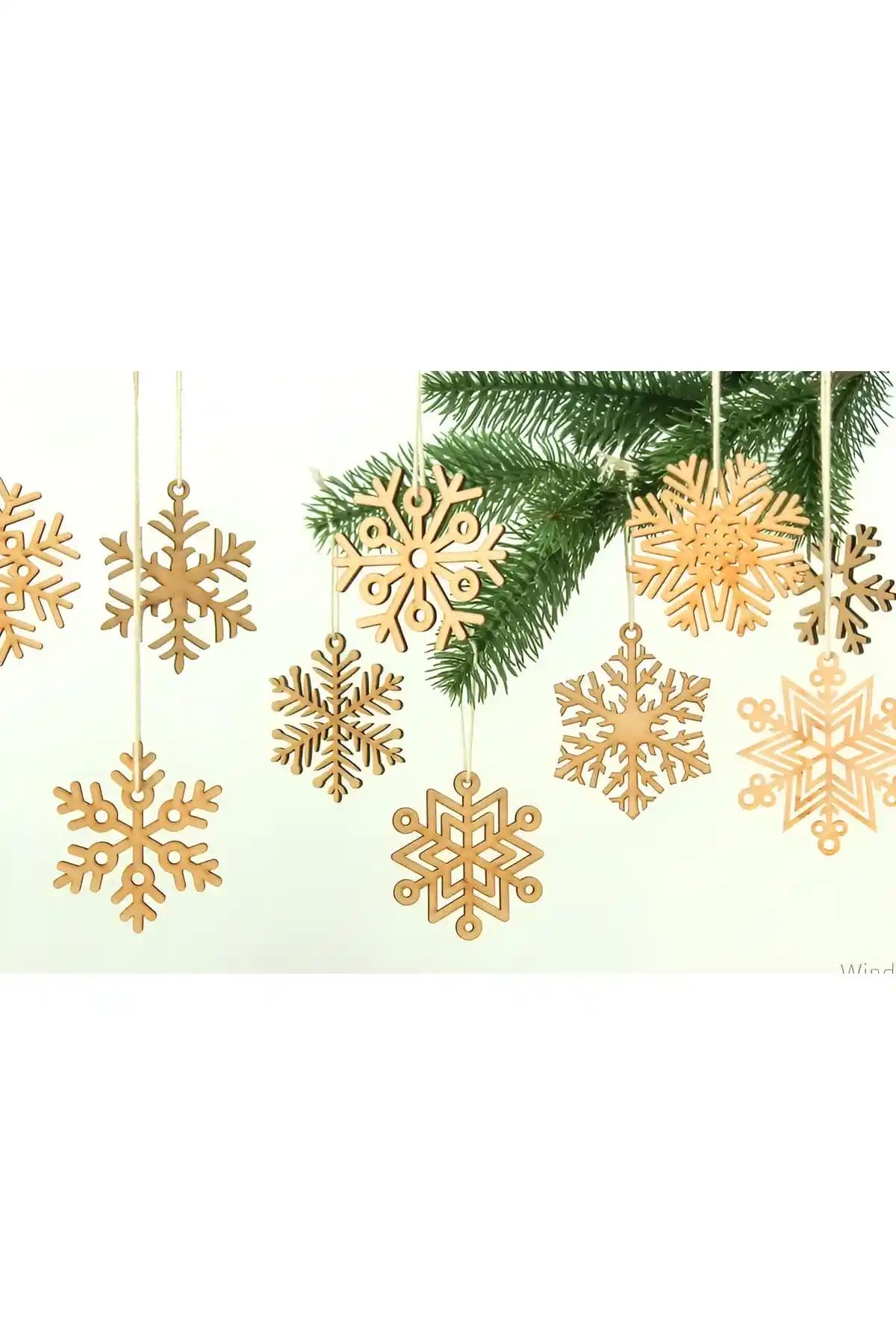 Elfora Yılbaşı Ahşap Süsler Karışık Kar Tanesi Dekorasyonu 6'lı Set