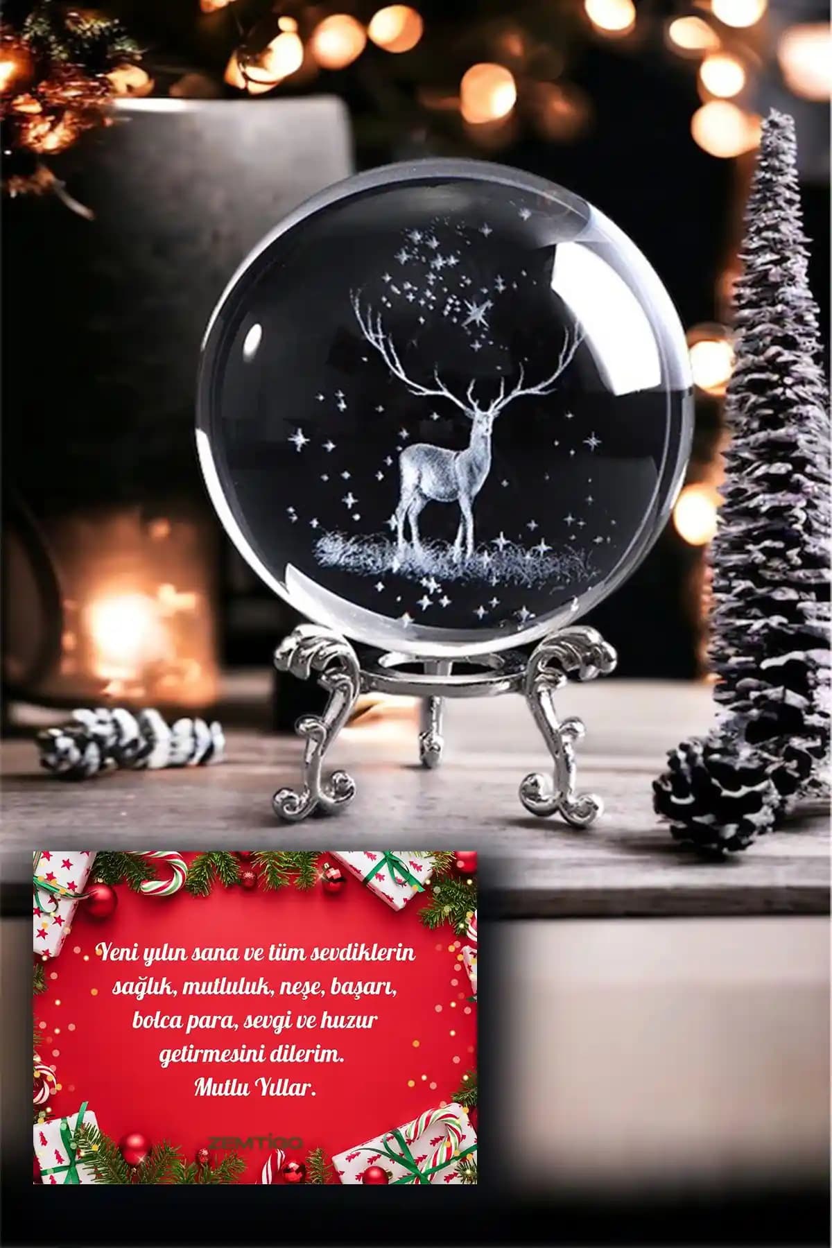 Zemtigo Dekoratif Metal Ayaklı Geyik Tasarımlı 3D Cam Küre Yılbaşı ve Özel Günler İçin