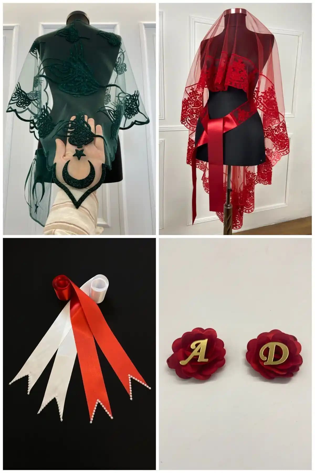 ZEYMERADE Kırmızı Gelin Duvak Seti: Düğün ve Özel Günleriniz İçin Şık Detaylar