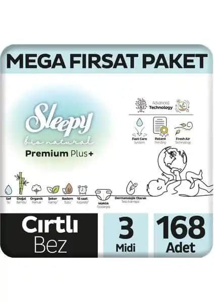 Sleepy Bio Natural Premium Plus Bebek Bezi 3 Numara Midi Paket Türkiye Üretimi