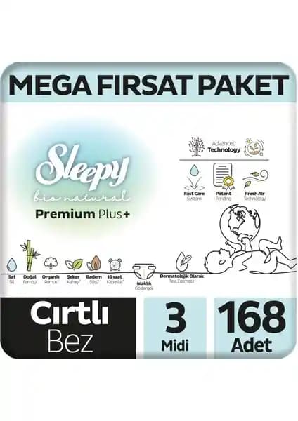 Sleepy Bio Natural Premium Plus Bebek Bezi 3 Numara Midi Paket Türkiye Üretimi