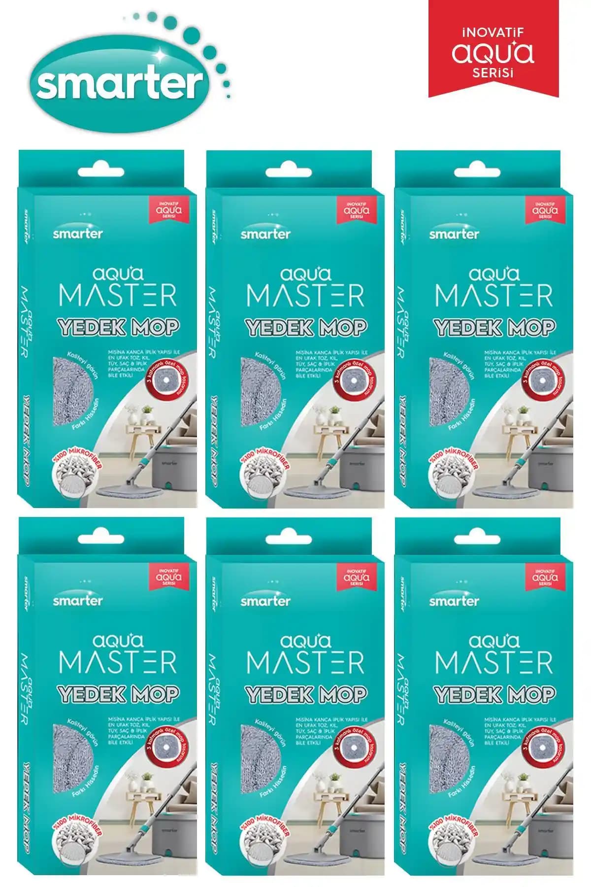 SMARTER Aqua Master: 6 Yedek Paspas ve Kapaklı Hazneli, 360° Dönen Başlıkla Temizlik