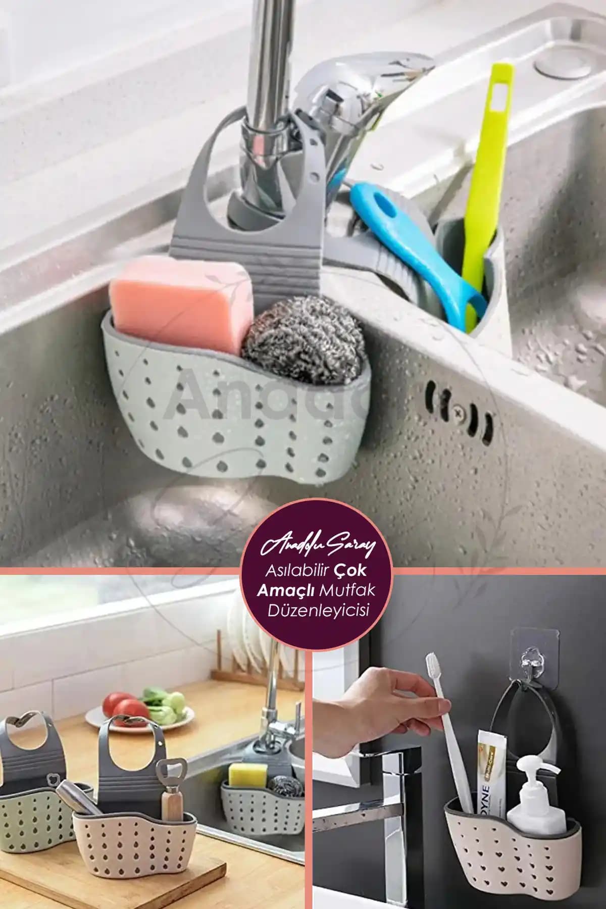 Anadolu Saray 2 Gözlü Pratik Asılabilir Bulaşık Süngerlik Mutfakta Hijyen ve Düzen Sağlar