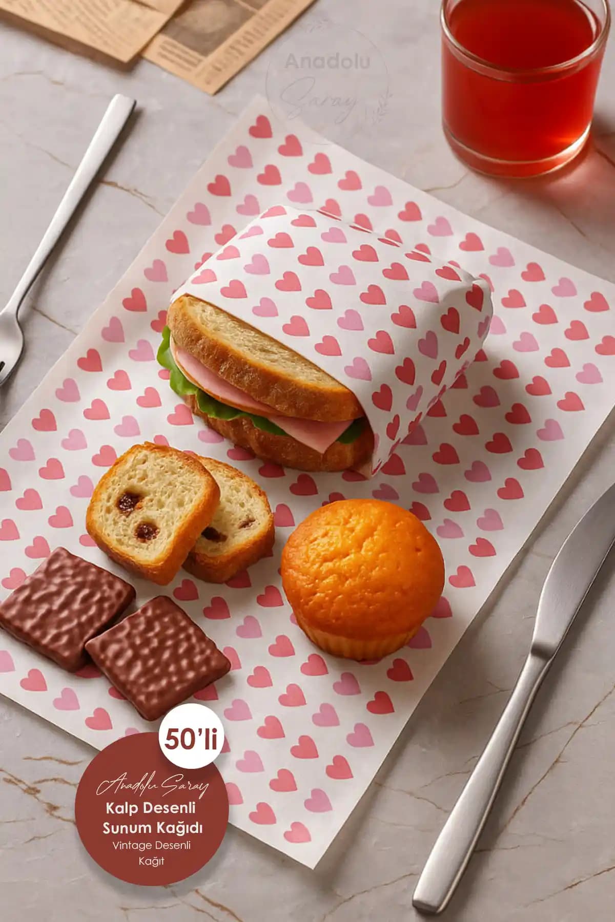 Anadolu Saray Kendinden Kalp Baskılı Vintage Desenli Kağıt 50'li Paketle Estetik ve Çok Yönlü Kullanım
