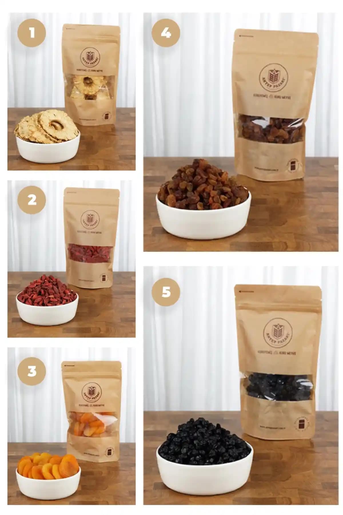 Antep Pazarı Şekersiz Kuru Meyve Paketi 5li Sağlıklı ve Doğal Beslenme Seçeneği