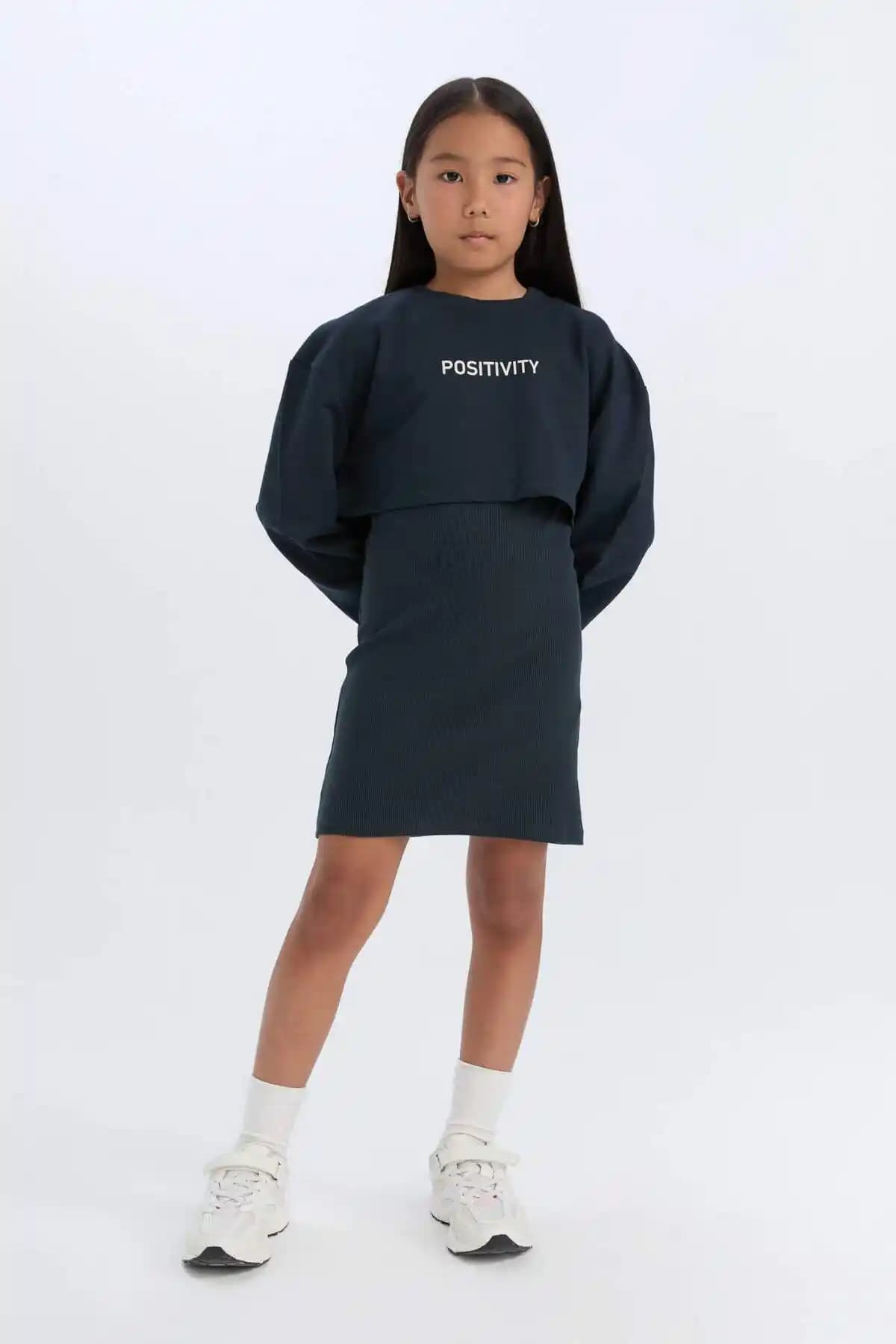 Defacto Kız Çocuk Bisiklet Yaka Baskılı Fitilli Kaşkorse Elbise D7085A824WN