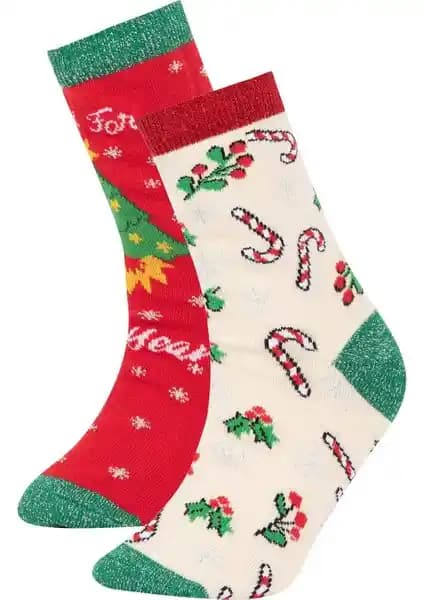 DeFacto Yılbaşı Temalı Kız Çocuk Uzun Pamuklu Çorapları 2'li Set Şık ve Rahat Tasarım