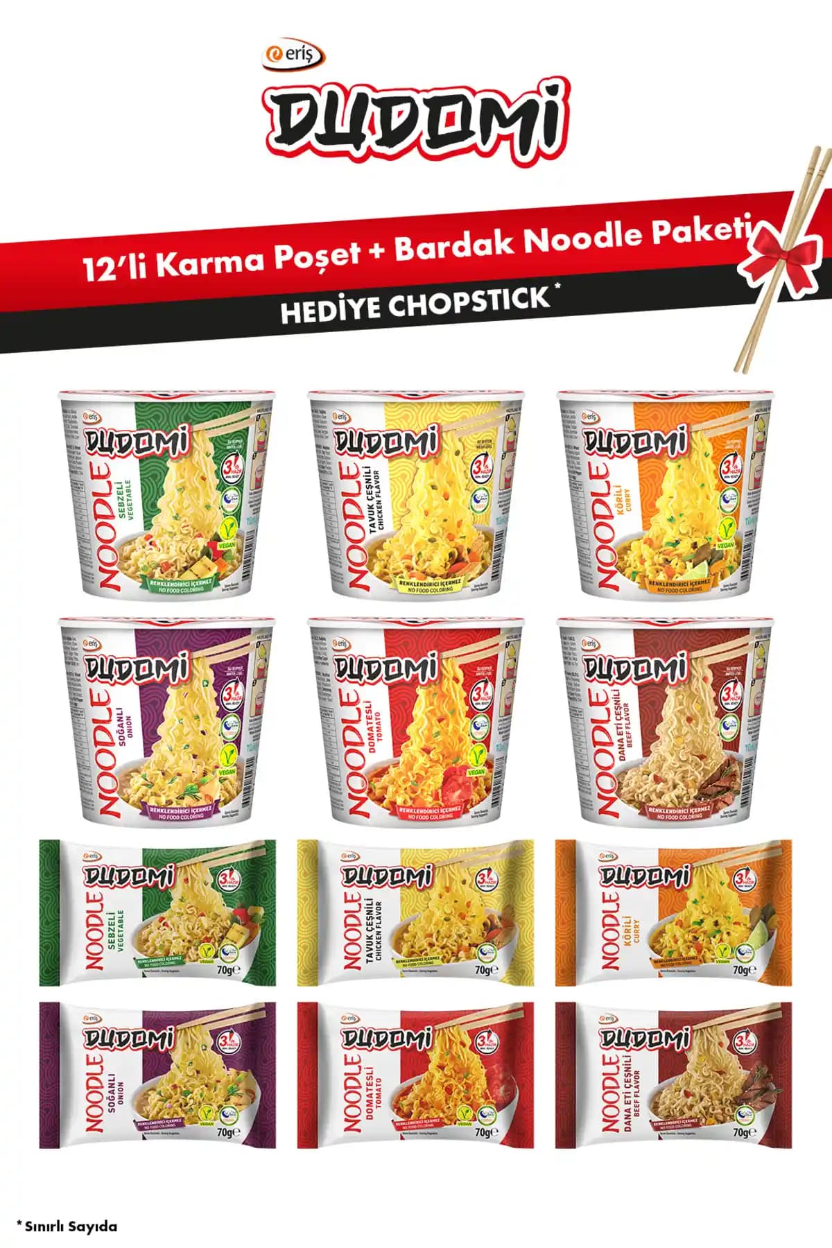 DUDOMİ 12’li Karma Poşet ve Bardak Noodle Paketi Bambu Chopstick Hediye