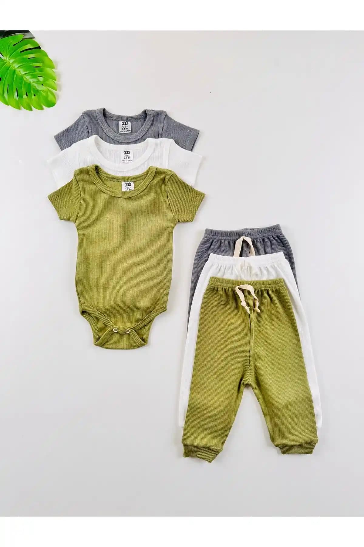 EFU BABY 3'lü Unisex Esnek Kısa Kollu Bebek Body ve Pantolon Takımı
