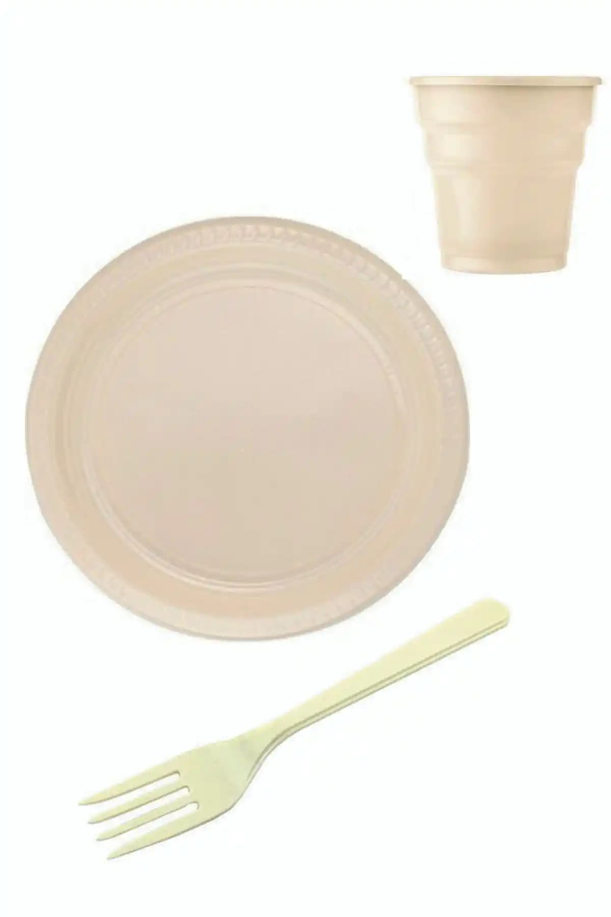Genel Markalar Krem Renkli Plastik Tabak Bardak ve Çatal Seti 75 Parça Kullanışlı Etkinlik Malzemeleri