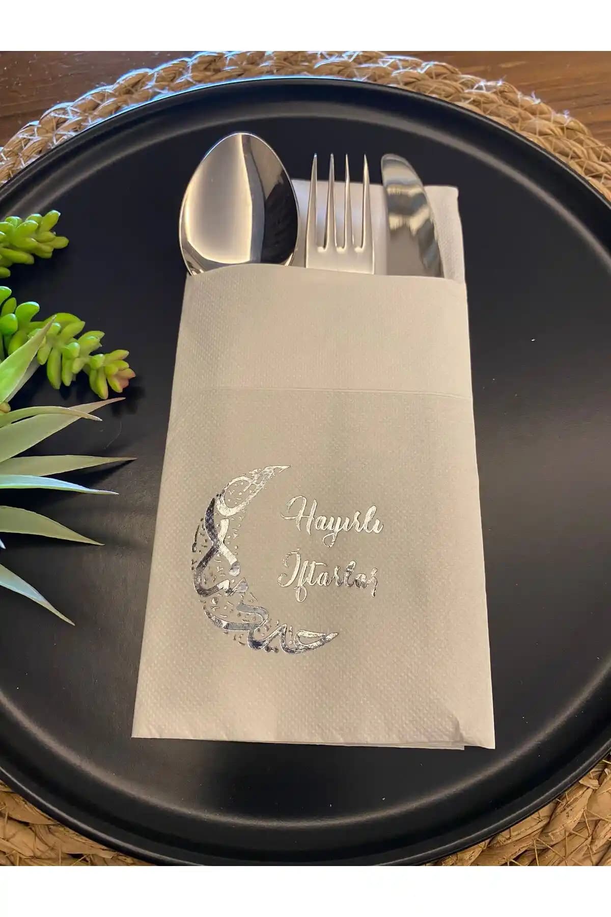 Kidspartim Gümüş Yalızlı Ay Desenli 12'li Beyaz Kağıt Peçete Seti İftar ve Davetler İçin