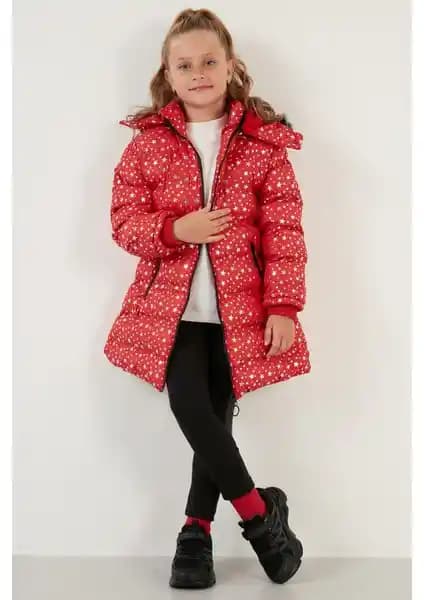 Kız Çocuklar İçin Suni Kürklü Yıldız Desenli Çıkarılabilir Kapüşonlu Kışlık Mont