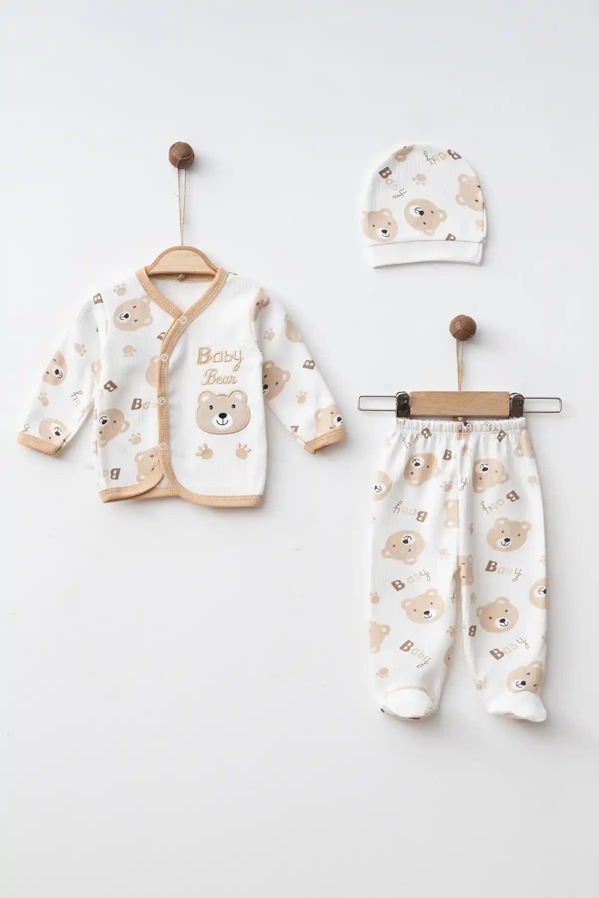 Kuzener Bebek Organik Pamuklu 3'lü Zıbın Seti Yenidoğanlar İçin Uygun ve Şık Tasarım