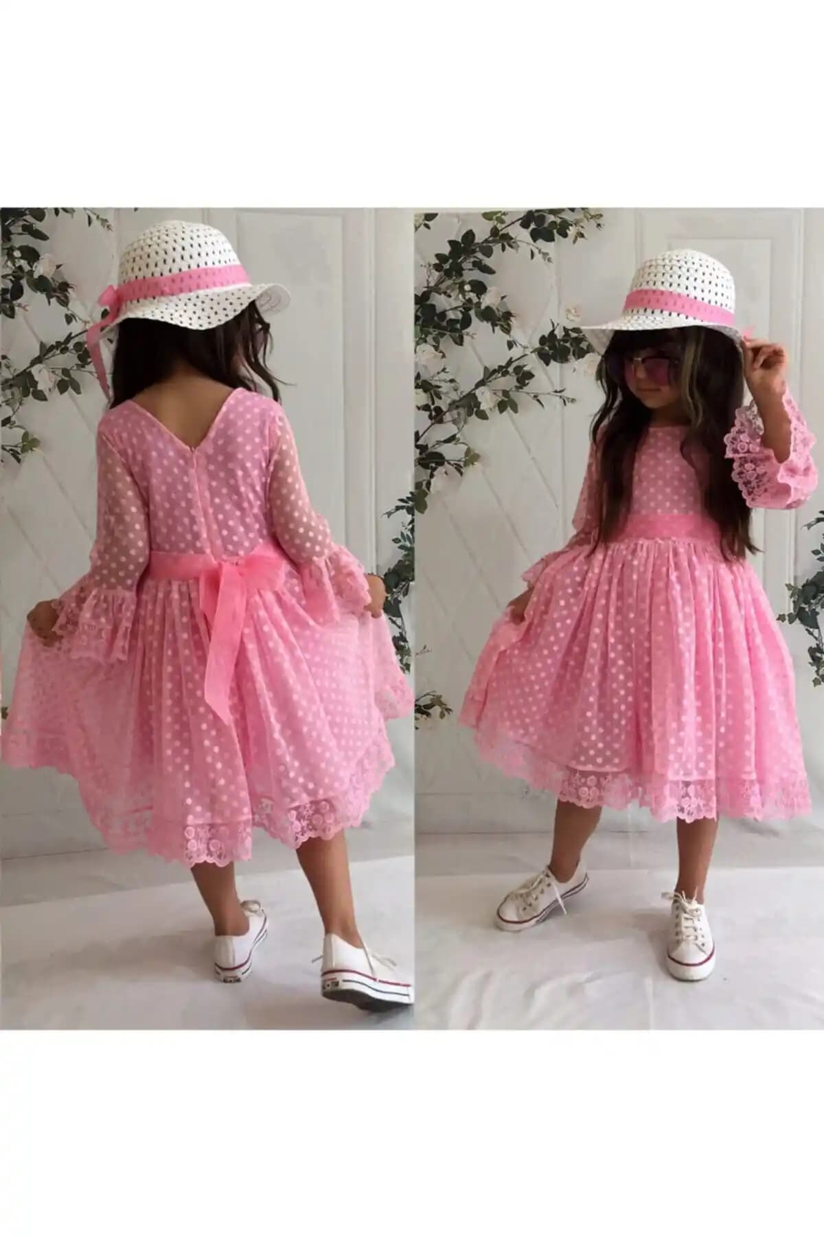 Mixie Kız Çocuk Pembe Şapkalı Güpürlü Prenses Model Elbisesi - Şık ve Rahat Tasarım