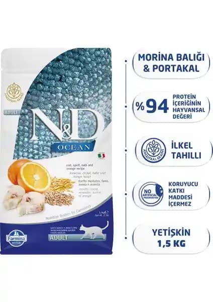 N&D Ocean 1,5 kg Düşük Tahıllı Morina Balıklı Kedi Maması Sağlıklı Beslenme