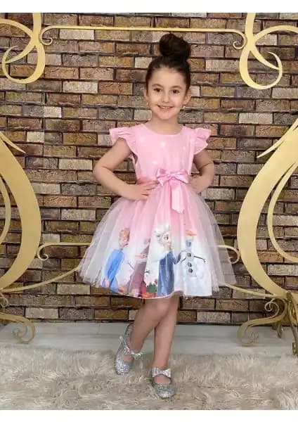 Neşeli Bebek Kız Çocuk Frozen Elsa Pembe Elbise Renkli ve Şık Günlük ve Özel Kullanım İçin